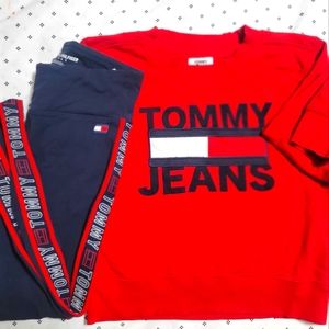 Small Tommy Hilfiger Set, Striped Navy Tights, Red Logo Sweatshirt